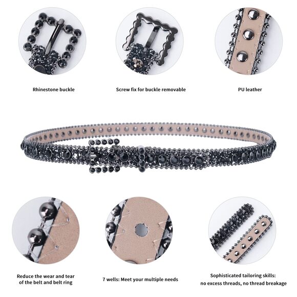2292 Womens Thin Belts Skinny Leather Belt Luxury Strap Rhinestones Studded